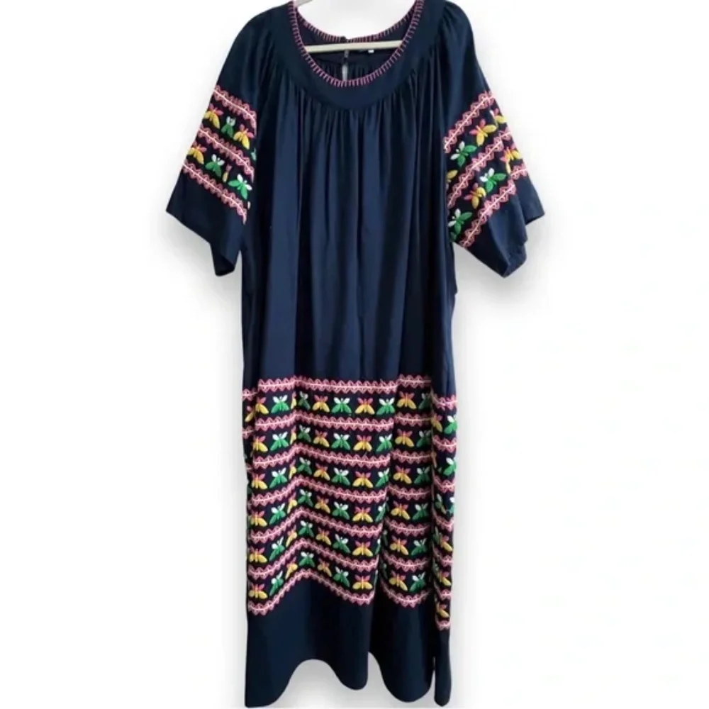 Frances Valentine Kaftan Butterfly Embroidered Dress In Navy Size 22 - Picture 2 of 11